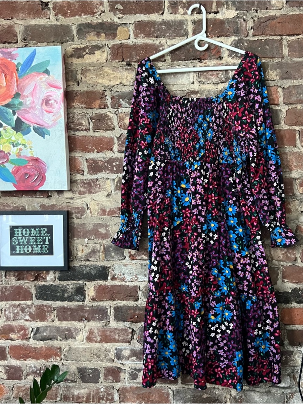 Terra & Sky Black Floral Long-Sleeve Midi Dress
